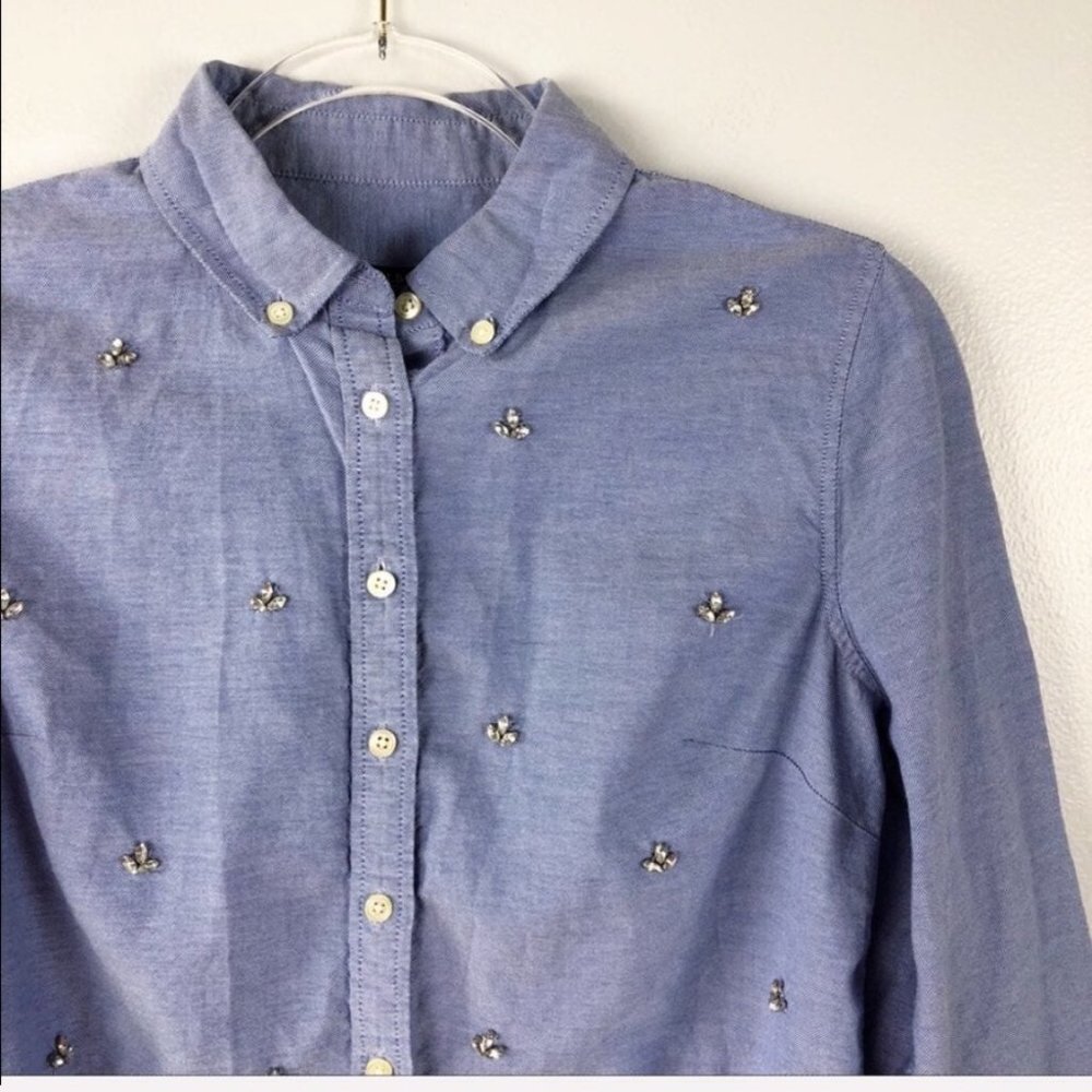 Talbots Jewel Embellished Blue Shirt Petite 6 - Picture 5 of 7